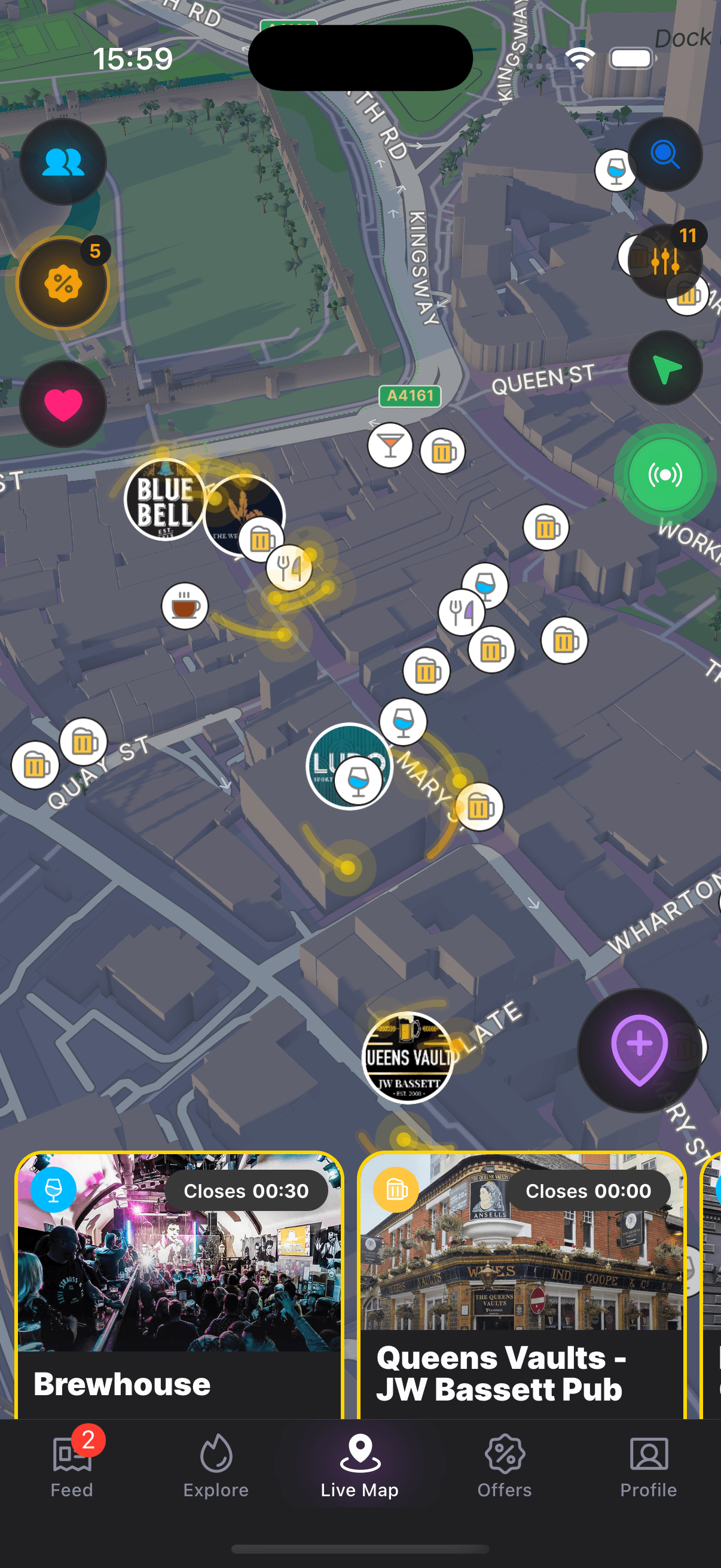 Realtime app — live venue map with friends and venues